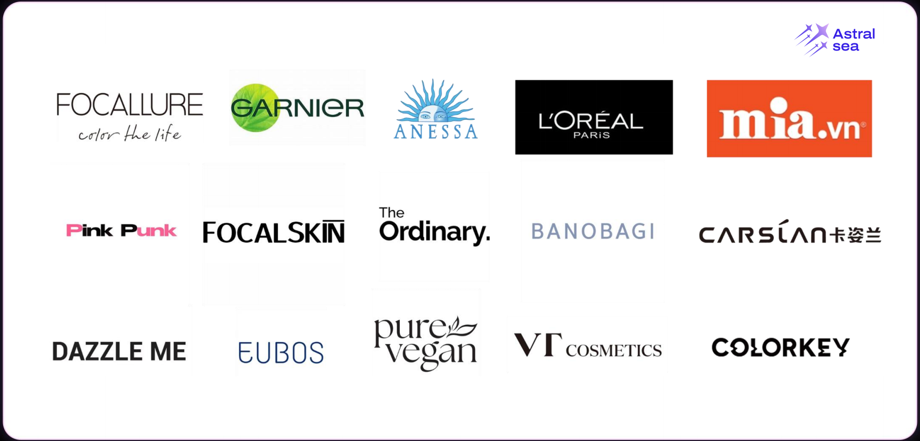 Astral Sea资料原图展示的服务客户Logo，包括FOCALLURE、GARNIER、ANESSA、L'ORÉAL PARIS、mia.vn等品牌